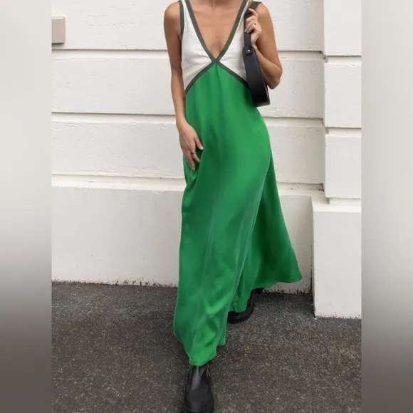 NWT Commense Green Satin Contrast Trim V neck Long Midi Maxi Dress