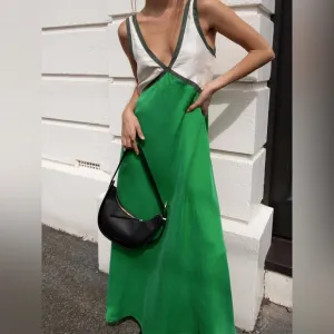 NWT Commense Green Satin Contrast Trim V neck Long Midi Maxi Dress