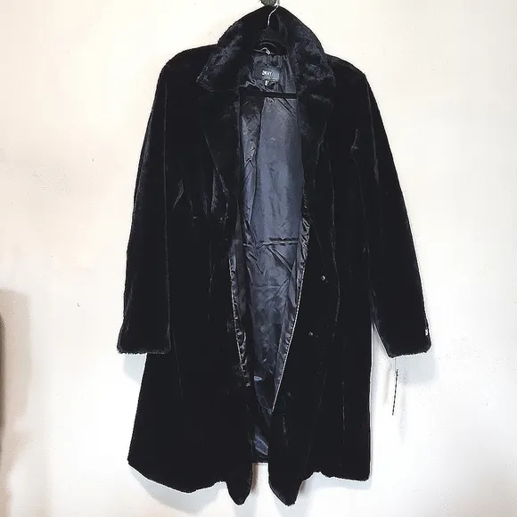 NWT DKNY Black Luxury Long Faux Fur Coat Women's Size XLarge MSRP $315