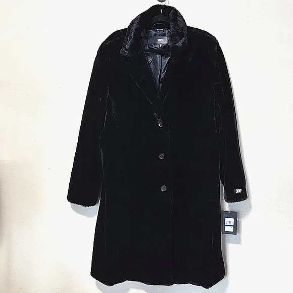 NWT DKNY Black Luxury Long Faux Fur Coat Women's Size XLarge MSRP $315