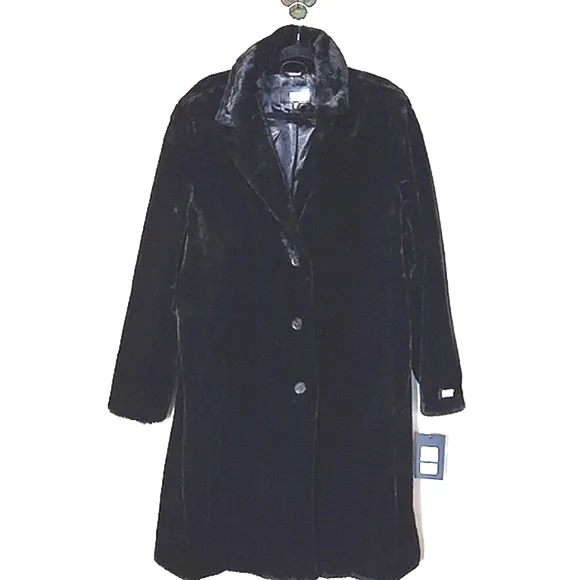 NWT DKNY Black Luxury Long Faux Fur Coat Women's Size XLarge MSRP $315