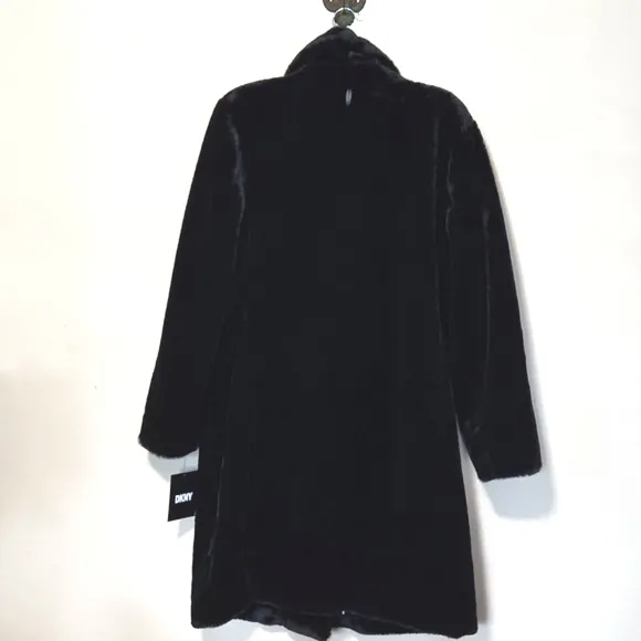 NWT DKNY Black Luxury Long Faux Fur Coat Women's Size XLarge MSRP $315