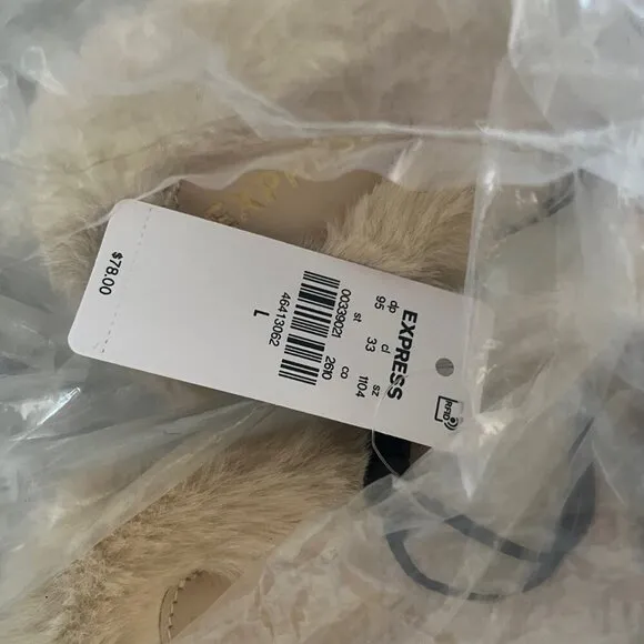 NWT Express Satin Faux Fur Lined Embellished Slippers, Beige, Size Large 9-10