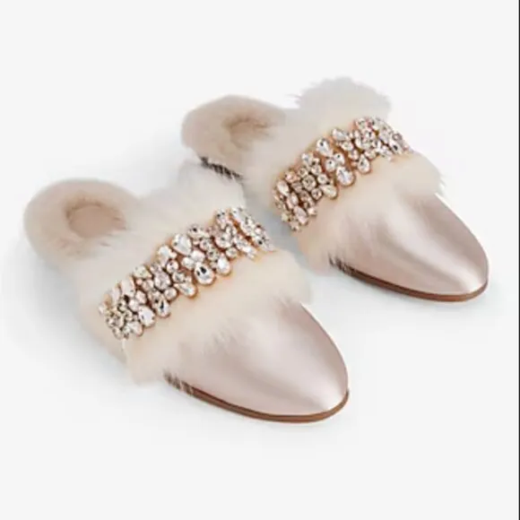 NWT Express Satin Faux Fur Lined Embellished Slippers, Beige, Size Large 9-10