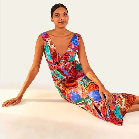 NWT Farm Rio Vibrant Animal Collage Midi Dress - medium