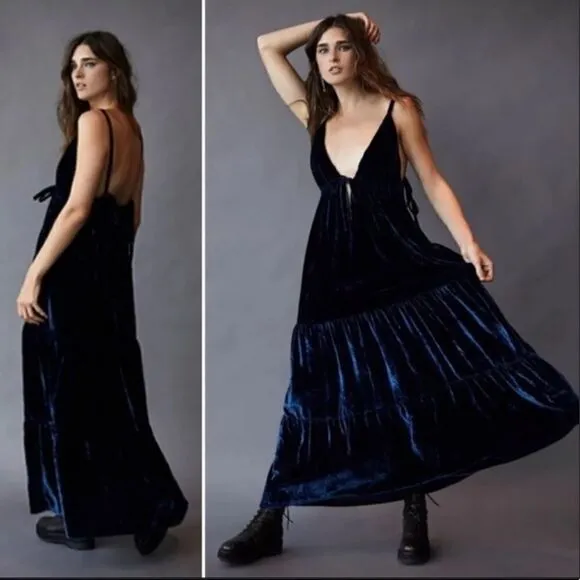 NWT Free People X Ketevanna Emilio Blue Velvet Maxi Bohemian Dress