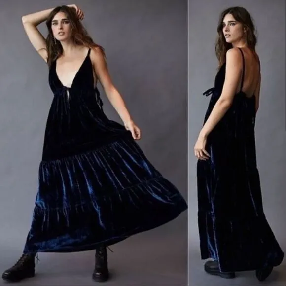 NWT Free People X Ketevanna Emilio Blue Velvet Maxi Bohemian Dress