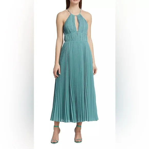 NWT JONATHAN SIMKHAI CARLI PLISSE’ HALTER MIDI-DRESS SIZE 10 IN CELESTE BLUE