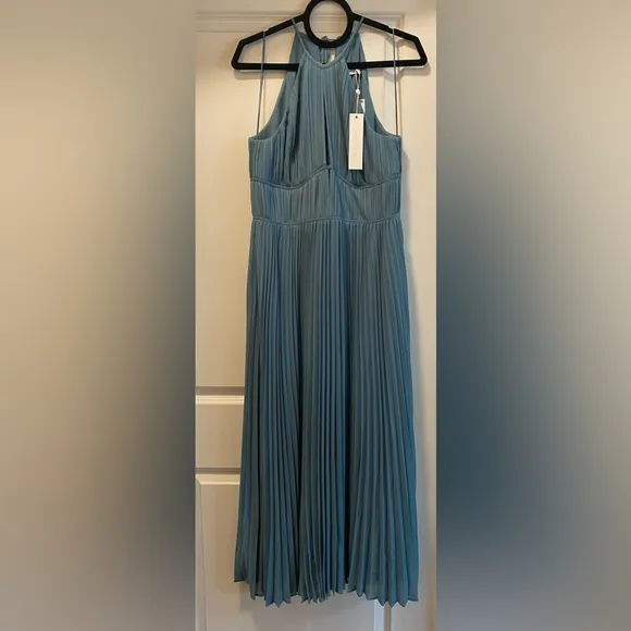 NWT JONATHAN SIMKHAI CARLI PLISSE’ HALTER MIDI-DRESS SIZE 10 IN CELESTE BLUE