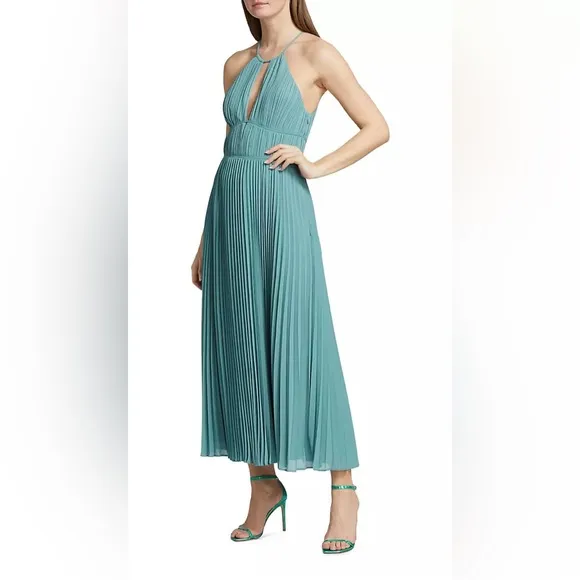 NWT JONATHAN SIMKHAI CARLI PLISSE’ HALTER MIDI-DRESS SIZE 10 IN CELESTE BLUE