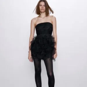 NWT luxury minimalist Zara strapless party holiday tulle ruffle cocktail dress