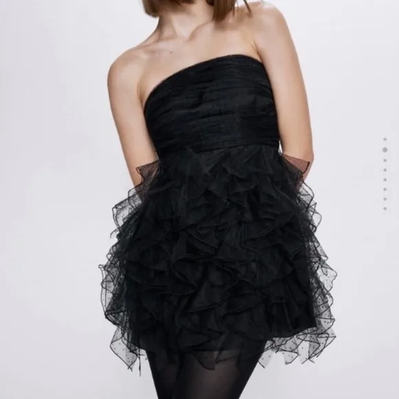 NWT luxury minimalist Zara strapless party holiday tulle ruffle cocktail dress