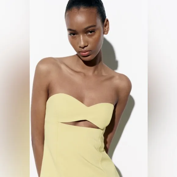 NWT Luxury Spring Summer Party Minimalist Zara Yellow Strapless Cutout Dress