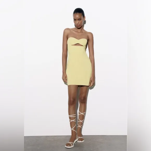 NWT Luxury Spring Summer Party Minimalist Zara Yellow Strapless Cutout Dress