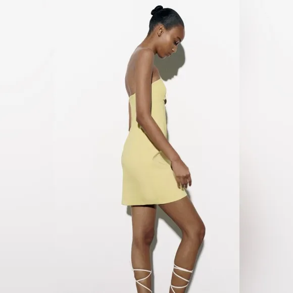 NWT Luxury Spring Summer Party Minimalist Zara Yellow Strapless Cutout Dress