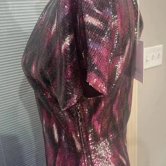 NWT Misa Los Angeles Divia Purple Pink Silver Ikat Sequin Dress Womens XS (0-2)