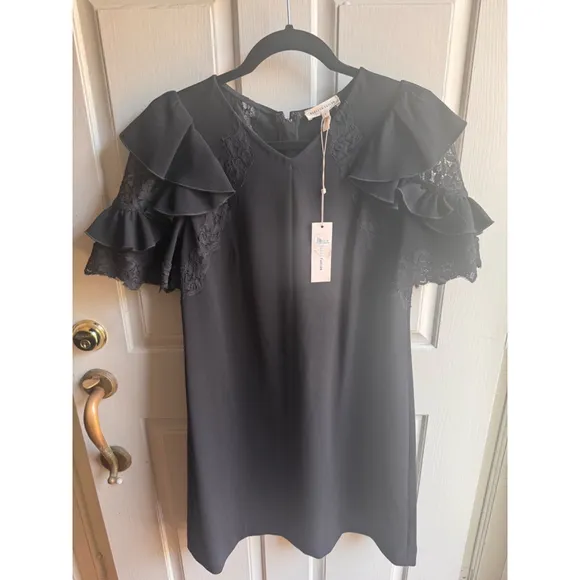 NWT Rebecca Taylor black crepe lace puff sleeve dress size 8 boho luxury