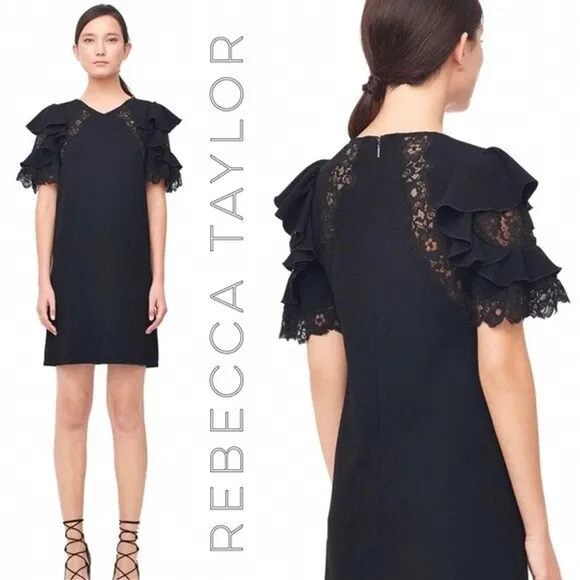 NWT Rebecca Taylor black crepe lace puff sleeve dress size 8 boho luxury