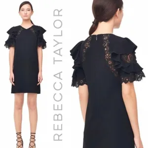 NWT Rebecca Taylor black crepe lace puff sleeve dress size 8 boho luxury