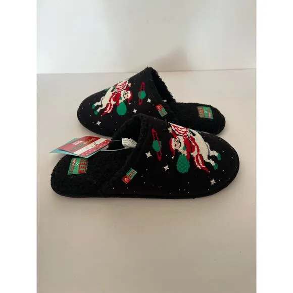 NWT REEF x Tipsy Elves Men's Santa Unicorn Reef Slippers Faux Fur Black Size 9