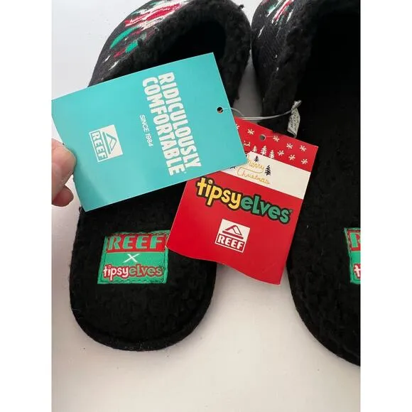 NWT REEF x Tipsy Elves Men's Santa Unicorn Reef Slippers Faux Fur Black Size 9