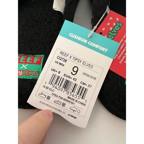 NWT REEF x Tipsy Elves Men's Santa Unicorn Reef Slippers Faux Fur Black Size 9