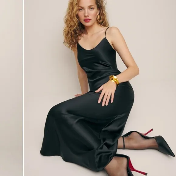 NWT Reformation 100% Silk  Slip Dress Black Strappy Sexy Minimalist Maxi