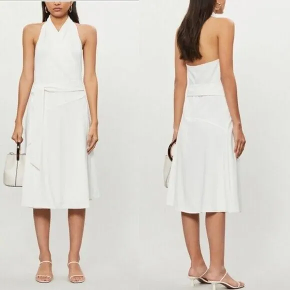 NWT Reiss Piper Halter Woven Midi Wrap Dress 0 White Minimalist Belted