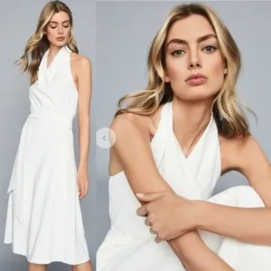 NWT Reiss Piper Halter Woven Midi Wrap Dress 0 White Minimalist Belted