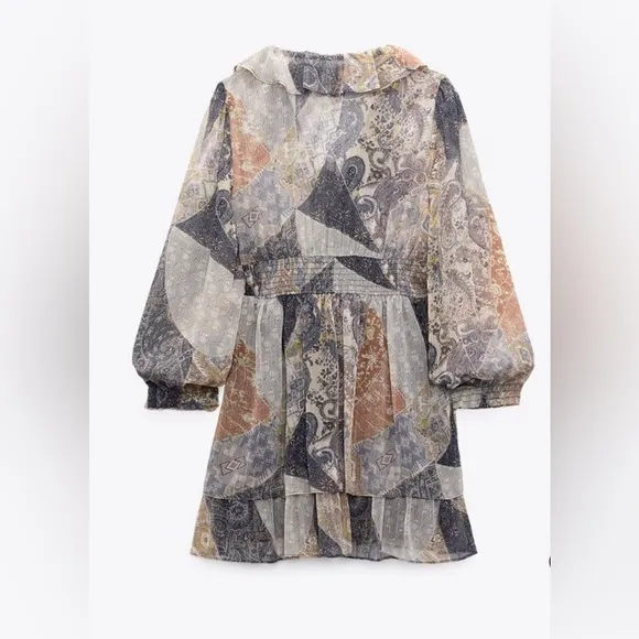 NWT Spring Summer Party Minimalist Zara Ruffled Print Sheer Metallic Dress