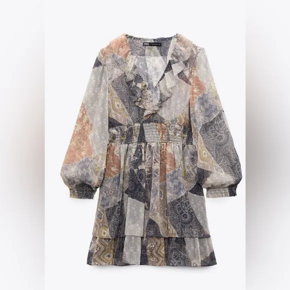 NWT Spring Summer Party Minimalist Zara Ruffled Print Sheer Metallic Dress