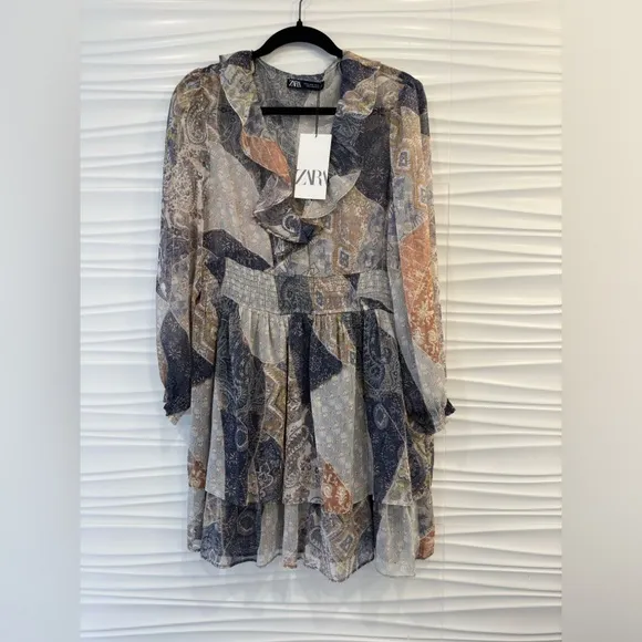 NWT Spring Summer Party Minimalist Zara Ruffled Print Sheer Metallic Dress