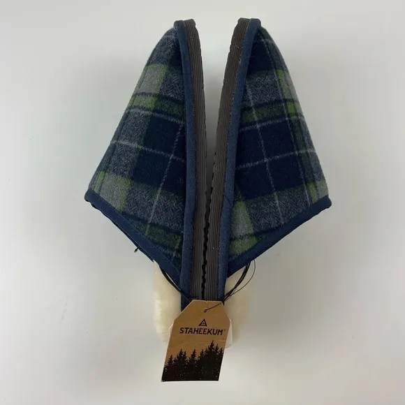 NWT Staheekum Alpine Flannel Slippers Size 10 Navy Faux Fur Shearling Plaid