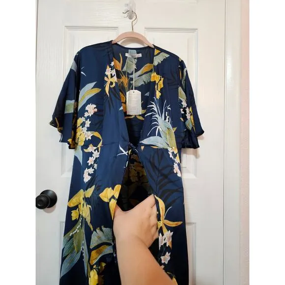 NWT Subtle Luxury Navy Blue Tropical Wrap Dress Size L/XL