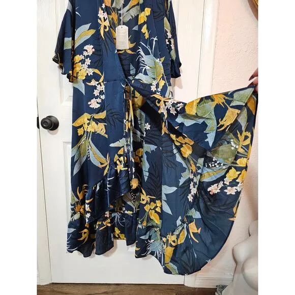 NWT Subtle Luxury Navy Blue Tropical Wrap Dress Size L/XL