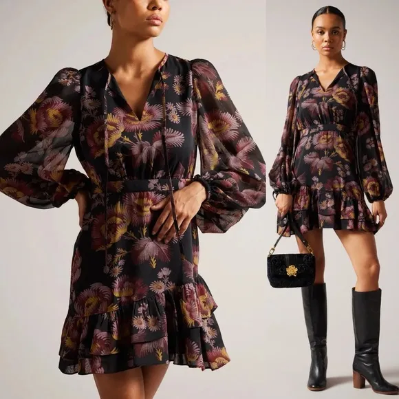 NWT Ted Baker Piara Vintage Floral Balloon Puff Long Sleeve Ruffle Hem Dress 4