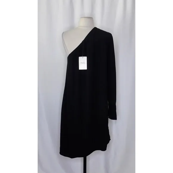 NWT!! THEORY Sintsi Rosina Crepe Black One Shoulder Dress Shift Minimalist 4