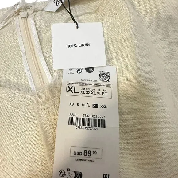 NWT ZARA 100% Linen Minimalist Sleeveless Shift Natural Vanilla  Midi Dress