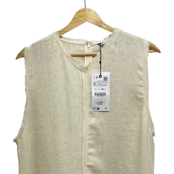 NWT ZARA 100% Linen Minimalist Sleeveless Shift Natural Vanilla  Midi Dress