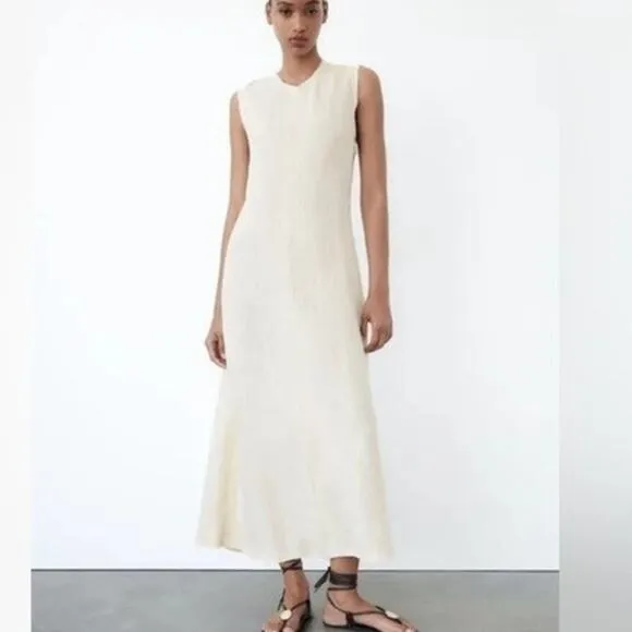 NWT ZARA 100% Linen Minimalist Sleeveless Shift Natural Vanilla  Midi Dress