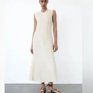 NWT ZARA 100% Linen Minimalist Sleeveless Shift Natural Vanilla  Midi Dress