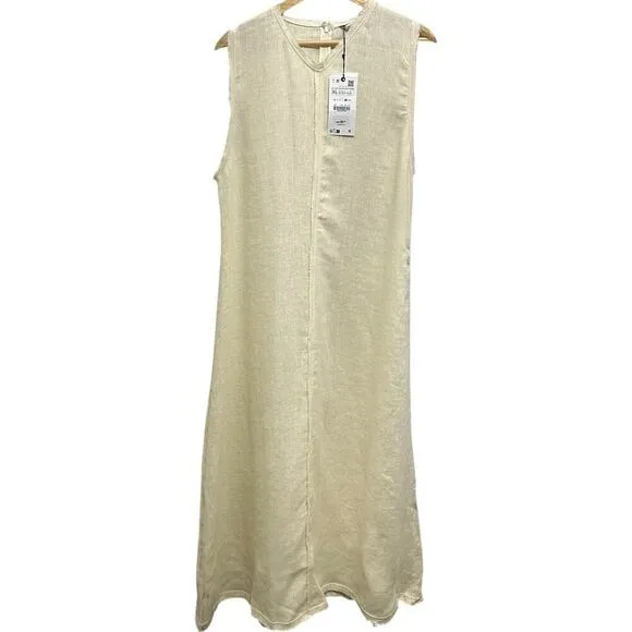 NWT ZARA 100% Linen Minimalist Sleeveless Shift Natural Vanilla  Midi Dress
