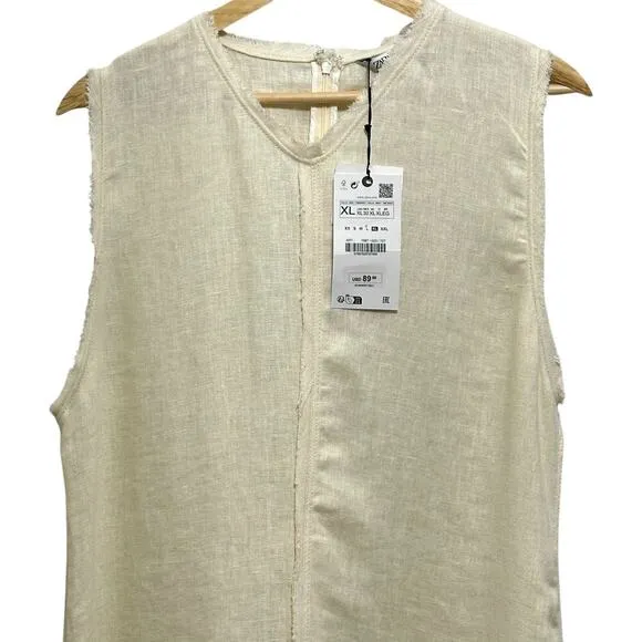 NWT ZARA 100% Linen Minimalist Sleeveless Shift Natural Vanilla  Midi Dress
