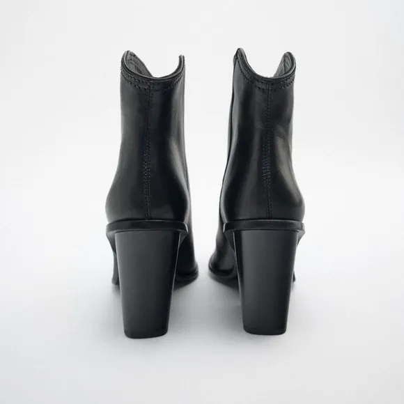 NWT. Zara Black Leather Heeled Cowboy Ankle Boots. Size 9.