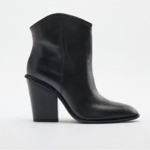 NWT. Zara Black Leather Heeled Cowboy Ankle Boots. Size 9.