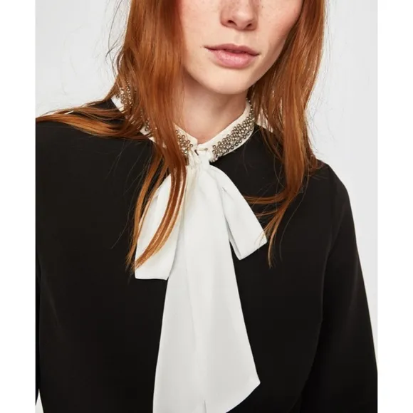 NWT Zara luxury minimalist party bejeweled collar &amp; contrast bow dress