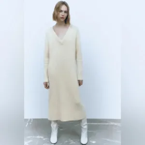 NWT ZARA Undyed Cashmere long sleeve Cream midi sweater dress