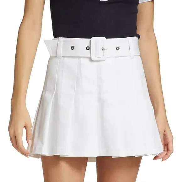 NWT$295 Cinq à Sept Janina White Belted Pleated Miniskirt Sz 12 L