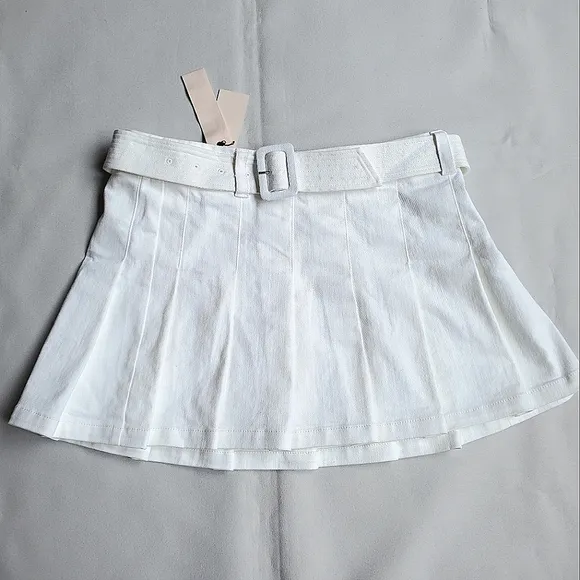 NWT$295 Cinq à Sept Janina White Belted Pleated Miniskirt Sz 12 L