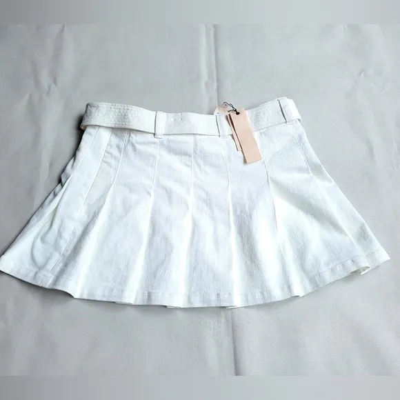 NWT$295 Cinq à Sept Janina White Belted Pleated Miniskirt Sz 12 L